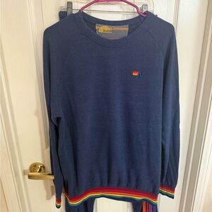 Navy Crewneck Sweater with Rainbow Trim
